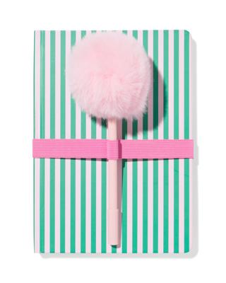 HEMA Notitieboekje groen-roze gestreept + roze pen