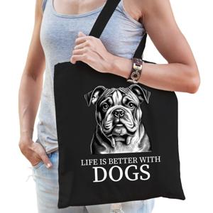 Cadeau tas voor hondenliefhebbers - zwart - Engelse Bulldog hond - katoen - 42 x 38 cm