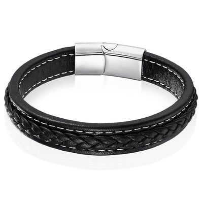 LGT Jewels Heren Armband Zwart Leer Stitched Edelstaal Sluiting-21cm