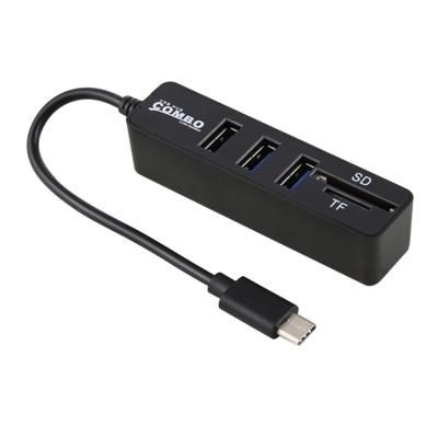 2 in 1 TF & SD-kaartlezer + 3 x USB-poorten naar USB-C/type-C HUB Converter totale lengte: 24cm (zwart)