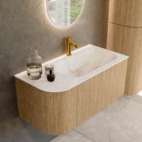 Mondiaz KURVE-DLUX 95 cm Onderkast Greeploos 1 Lade Met Deuren Oak, Wastafel Solid Surface Rechts Frappe 1 Kraangat Zonder Spiegel (KRVBGS95L1L1D1KR-Oak/Fra)
