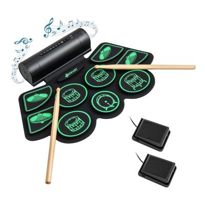 9 Pads E-Drum Elektronische Drumset Roll-Up Trommel Incl. 2 Pedalen en 2 Drumsticks voor Kinderen en Beginners Groen