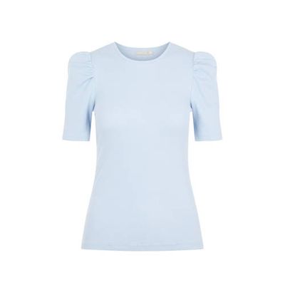 PIECES ribgebreide top PCANNA met plooien lichtblauw