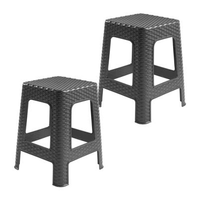 Rotan opstapje/zit krukje - 2x - kunststof - zwart - 36 x 36 x 45 cm - Keuken/badkamer - Krukjes