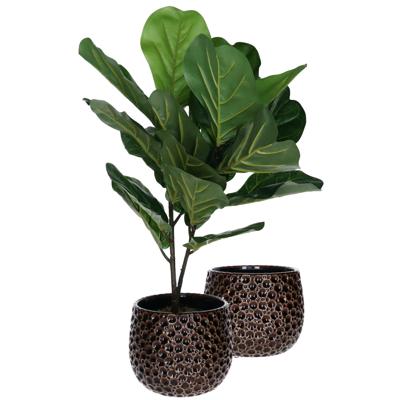 Plantenpot/bloempot Pebblo - 2x - keramiek/geglazuurd?- bruin - druppels - D21 x H17 cm