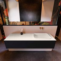 Badkamermeubelset Mondiaz Erin 150 cm met 1 Lade met RIDGE Wastafel Rechts Linen Zonder Kraangaten Greeploos Mat Urban