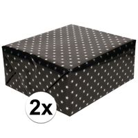 2x Holografisch inpakpapier/cadeaupapier zwart met zilveren sterretjes 150 cm per rol - thumbnail
