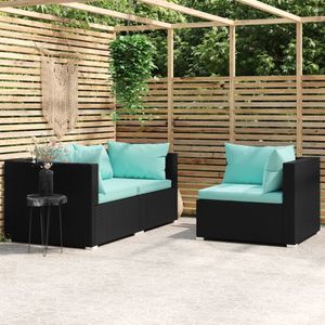 3-delige Loungeset met kussens poly rattan zwart