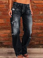 Loose Plain Casual Denim Jeans - thumbnail