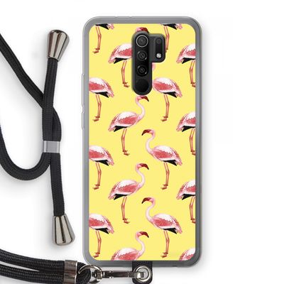 Flamingo's geel: Xiaomi Redmi 9 Transparant Hoesje met koord