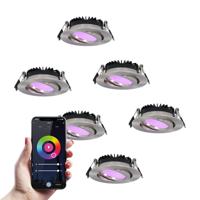 Set van 6 Rome smart inbouwspots - IP44 Waterdicht - 6 Watt 480 lumen - Kantelbaar - Lage inbouwdiepte 27mm - Wifi + Bluetooth - RGBWW - Google Home, Amazon Alexa en Siri - RVS - Voor binnen en buiten