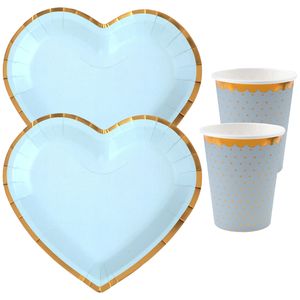 Feest wegwerp servies set - hartje - 20x bordjes / 20x bekers - blauw/goud