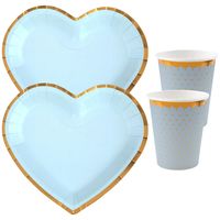 Feest wegwerp servies set - hartje - 20x bordjes / 20x bekers - blauw/goud - thumbnail