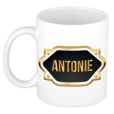 Naam cadeau mok - heren - Antonie - gouden embleem - 300 ml - meester - bedankje