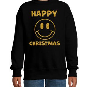 Kersttrui/sweater voor jongens/meisjes - Happy Christmas - zwart - smiley - glitter goud