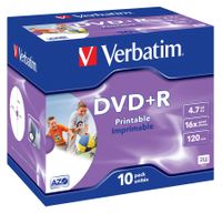 Verbatim DVD recordable DVD+R, printbaar, doos van 10 stuks, individueel verpakt (Jewel Case)