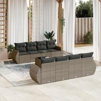 9-delige Loungeset met kussens poly rattan grijs