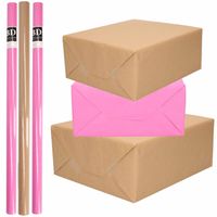 6x Rollen kraft inpakpapier/kaftpapier pakket bruin/roze 200 x 70 cm - Cadeaupapier