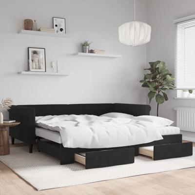 Slaapbank met onderschuifbed en lades 100x200 cm fluweel zwart