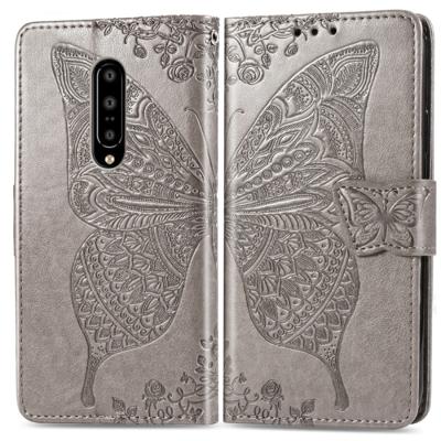 Butterfly Love bloemen reliëf horizontale Flip lederen case voor OnePlus 7 Pro met houder & kaartsleuven & portemonnee & Lanyard (grijs)