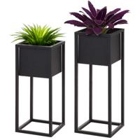 Plantenpotten set 2x stuks - zwart - op metalen standaard - 60 en 50 cm hoogte