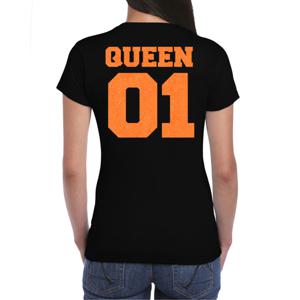 Koningsdag verkleed T-shirt voor dames - Queen - zwart - met glitters - feestkleding