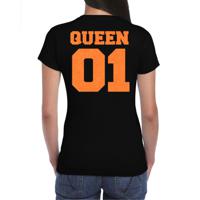 Koningsdag verkleed T-shirt voor dames - Queen - zwart - met glitters - feestkleding