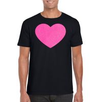 Verkleed T-shirt voor heren - hartje - zwart - roze glitter - carnaval/themafeest