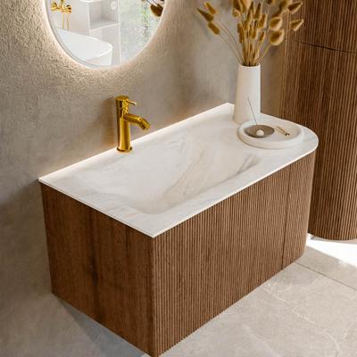 Mondiaz KURVE-DLUX 85 cm Onderkast Greeploos 1 Lade Met Deuren Walnut, Wastafel Solid Surface Links Ostra 1 Kraangat Zonder Spiegel (KRVCLO85R1L1D1KL-Wal/Ost)