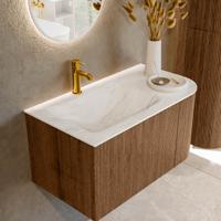 Mondiaz KURVE-DLUX 85 cm Onderkast Greeploos 1 Lade Met Deuren Walnut, Wastafel Solid Surface Links Ostra 1 Kraangat Zonder Spiegel (KRVCLO85R1L1D1KL-Wal/Ost)