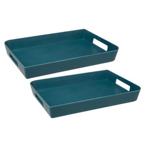 2x stuks dienbladen/serveerbladen rechthoekig 35 x 25 cm petrol blauw met handvaten