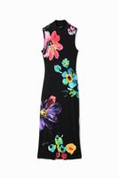 Geribde midi-jurk met bloemen - BLACK - L