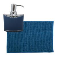 MSV badkamer droogloop mat/tapijtje - 40 x 60 cm - en zelfde kleur zeeppompje 260 ml - blauw