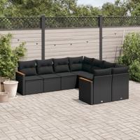 8-delige Loungeset met kussens poly rattan zwart