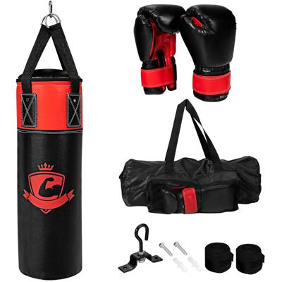 Bokszak Set met 8oz Bokshandschoenen Handriemen Zak Bokszak voor Kinderen en Volwassenen Zwart + Rood