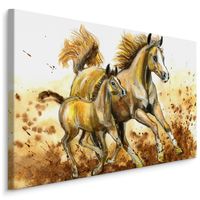 Schilderij - Veulen en merrie (print op canvas), bruin/beige, 4 maten, wanddecoratie - thumbnail