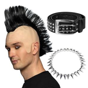 Carnaval verkleed setje heren punker - hanekam pruik - spikes ketting - riem met studs