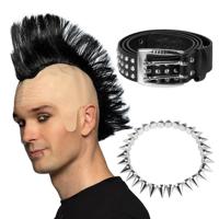 Carnaval verkleed setje heren punker - hanekam pruik - spikes ketting - riem met studs