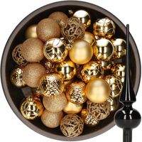 37x stuks kunststof kerstballen 6 cm goud incl. glazen piek glans zwart - Kerstbal - thumbnail