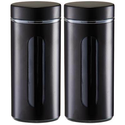 Voorraadpot / blik met venster - 2x - zwart - 1200 ml - glas/metaal - D10 x H23 cm