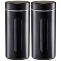 Voorraadpot / blik met venster - 2x - zwart - 1200 ml - glas/metaal - D10 x H23 cm