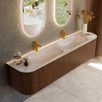 Badmeubel Mondiaz Kurve-Dlux | 190 cm | Meubelkleur Walnut | Wastafelkleur Meli | Solid surface | Wasbak beide zijden spoelbak | 2 kraangaten