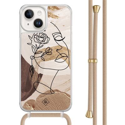 iPhone 14 hoesje met beige koord - Abstract gezicht bruin