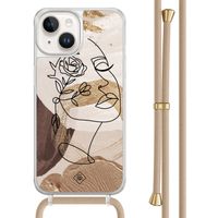 iPhone 14 hoesje met beige koord - Abstract gezicht bruin