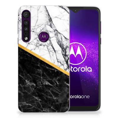 Motorola One Macro | TPU | Siliconen hoesje | Marmer Wit Zwart - Origineel Cadeau Man