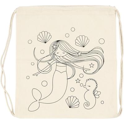 Rugzakje met zeemeermin print - Pakket van 6x stuks - inkleurbaar - canvas - 37 x 41 cm