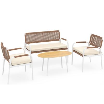 4-Delige Tuinmeubelset PE-Rotan Tweezitsbank & 2 Fauteuils met Zachte Zitkussens Tafel met Veiligheidsglas