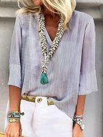 Loose Casual Striped Printed V Neck Blouses - thumbnail