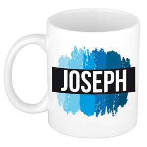 Naam cadeau mok / beker Joseph met blauwe verfstrepen 300 ml