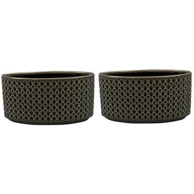 Plantenpot/bloempot schaal Cairo - 2x - keramiek - antraciet - Oosters motief - D26 x H12 cm